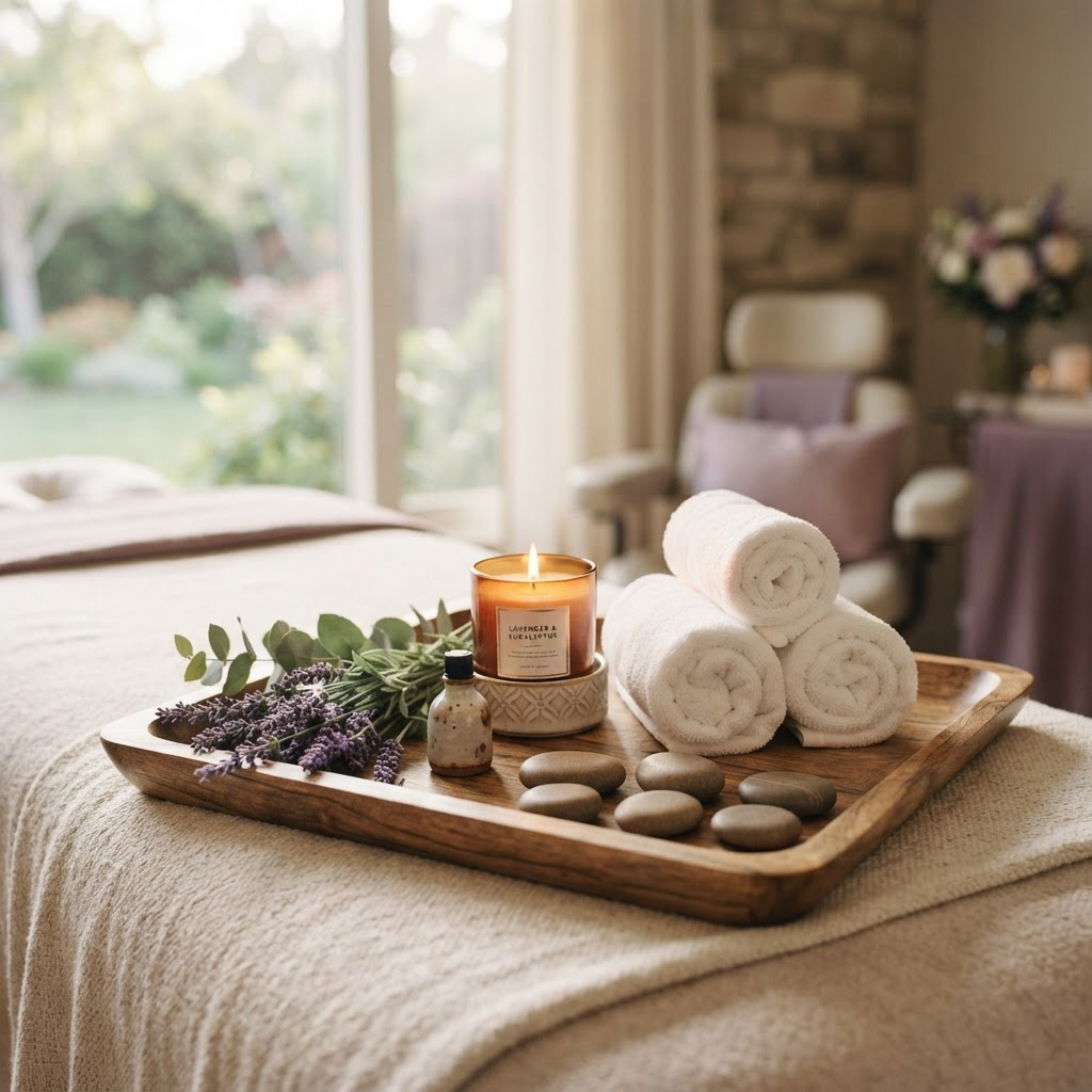 Ambiente de spa acolhedor com toalhas, velas aromáticas e lavanda